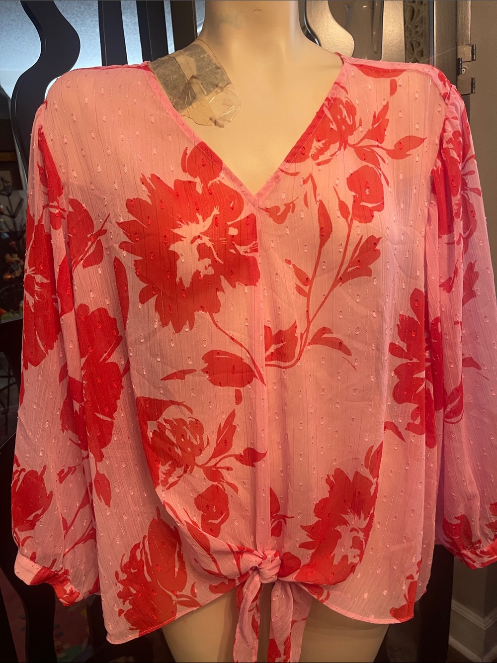 Chico's Pink Blouse with Red Floral Tie-Front